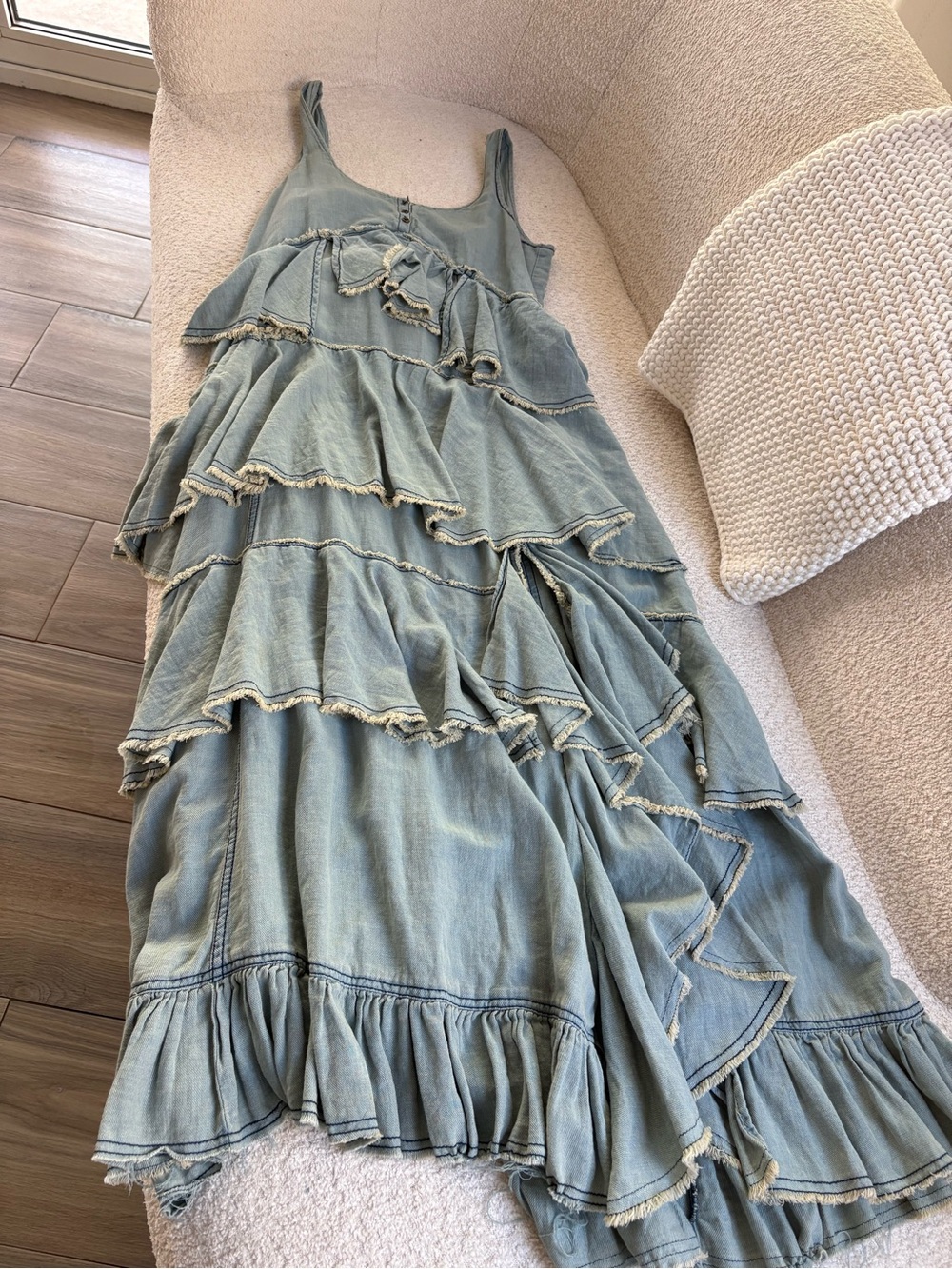 Anthropologie Dusty Blue Tiered Ruffle Maxi Dress